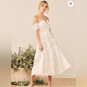lulus Absolutely Stunning White Lace Off-the-Shoulder Midi Dress Size M